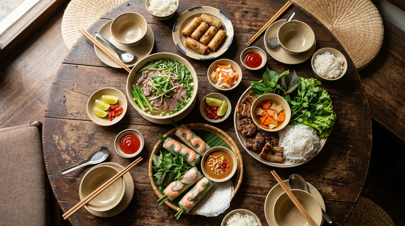 Mâm cơm Việt nhiều món bày trên bàn gỗ, nhìn từ trên xuống