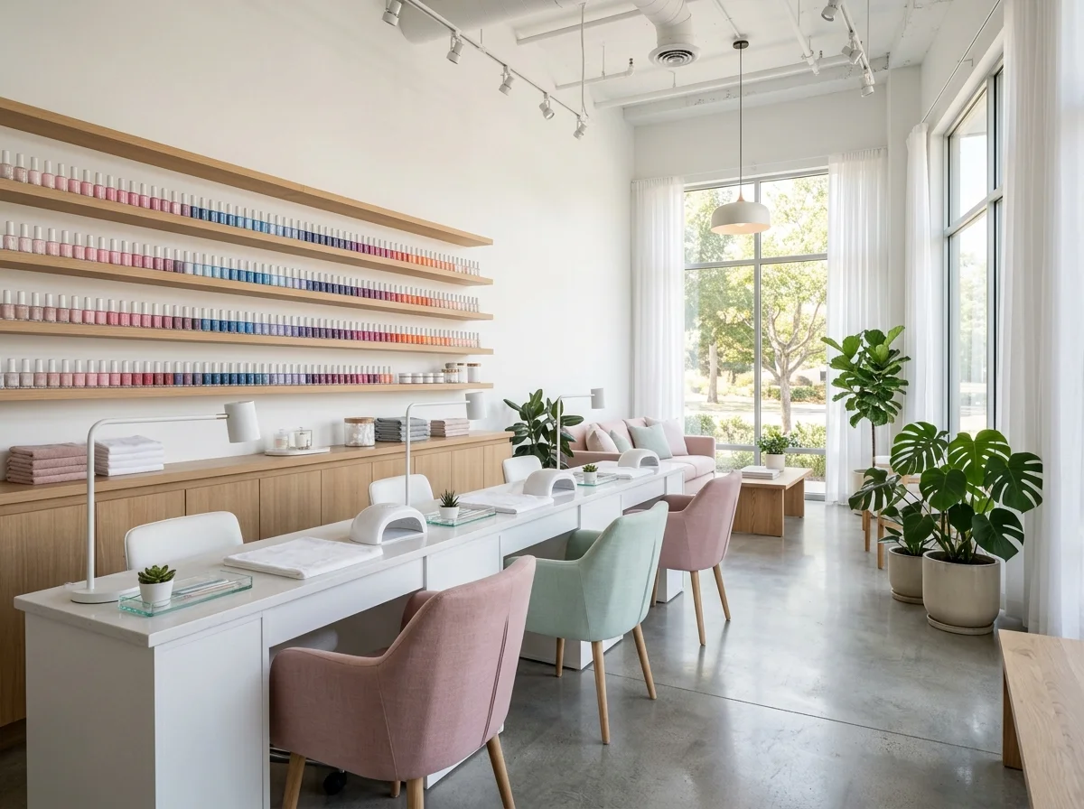Không gian tiệm nail sáng sủa với bàn làm móng màu trắng