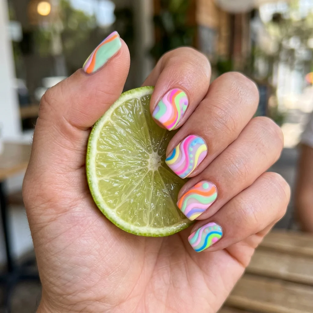 Móng vuông ngắn vẽ loang màu neon và pastel, tay cầm lát chanh
