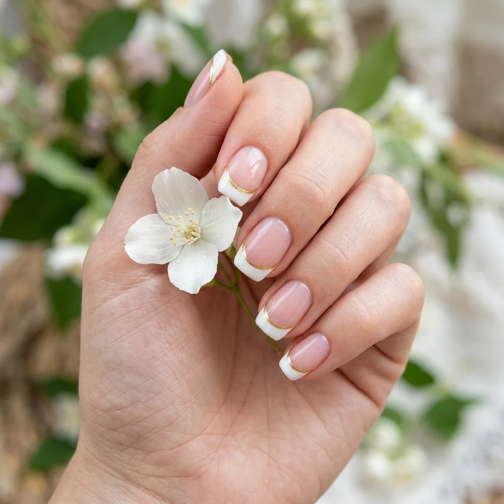 Móng french đầu trắng viền vàng mảnh, tay cầm một bông hoa trắng