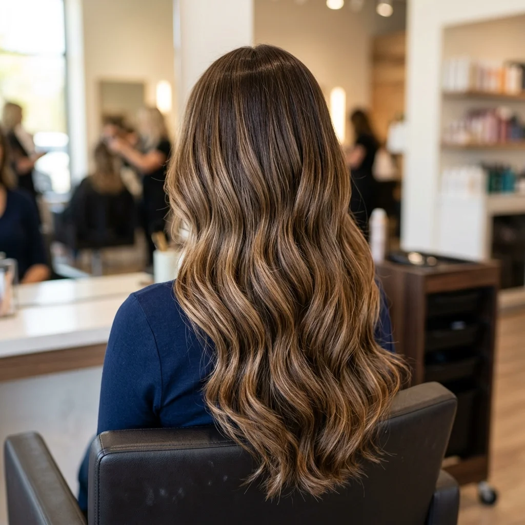 Mái tóc dài nâu bóng uốn sóng balayage nhìn từ phía sau