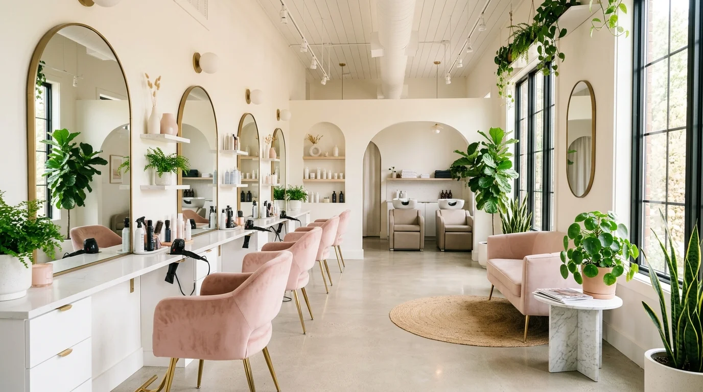 Salon tóc sáng sủa với ghế hồng phấn, gương vòm và cây xanh