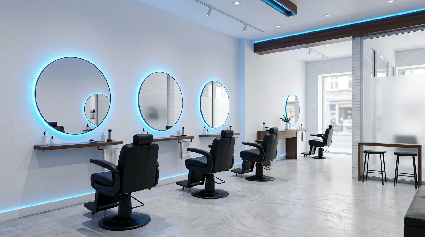 Không gian barbershop tối giản với tường trắng, ghế cắt màu đen và gương tròn
