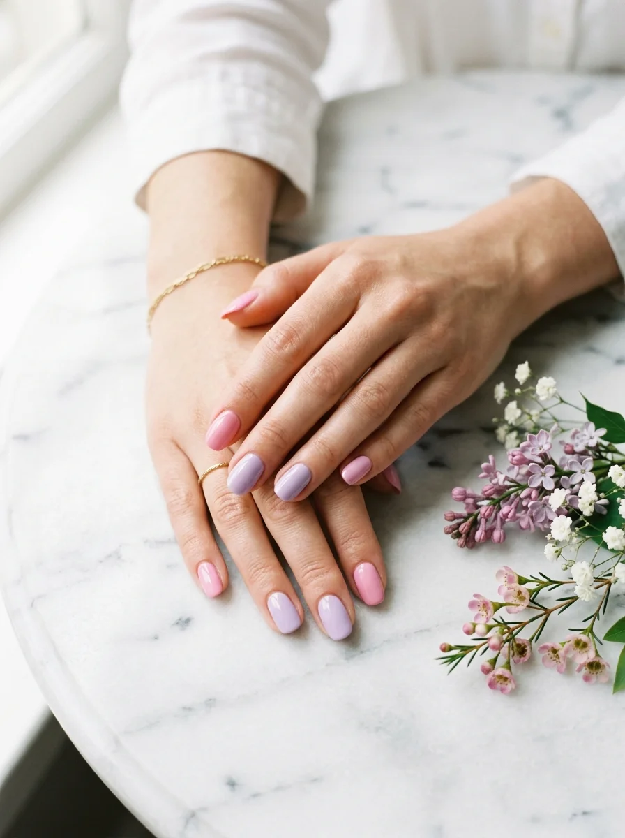 Đôi tay sơn gel màu pastel đặt trên bàn đá trắng