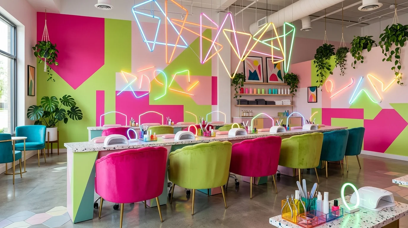 Tiệm nail tường hồng và xanh chanh, ghế nhiều màu dưới ánh đèn kiểu neon