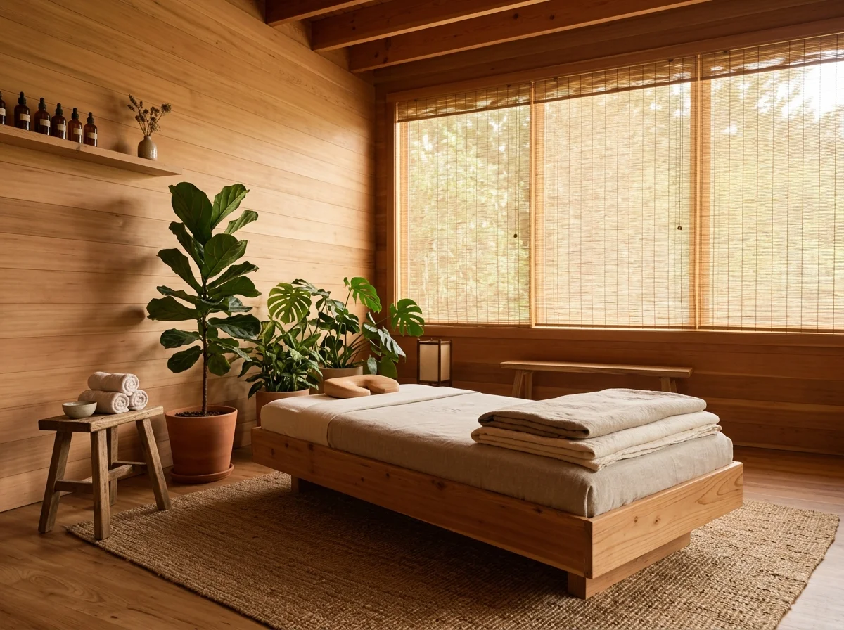 Phòng trị liệu bằng gỗ với giường massage, khăn lanh và rèm tre