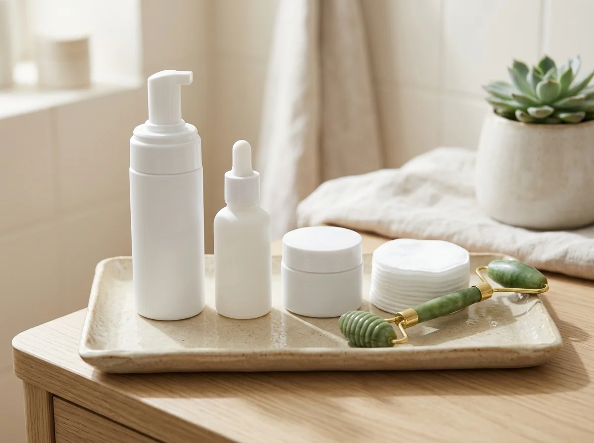 Khay be xếp gọn chai dưỡng da trắng, bông tẩy trang và cây lăn mặt bằng đá