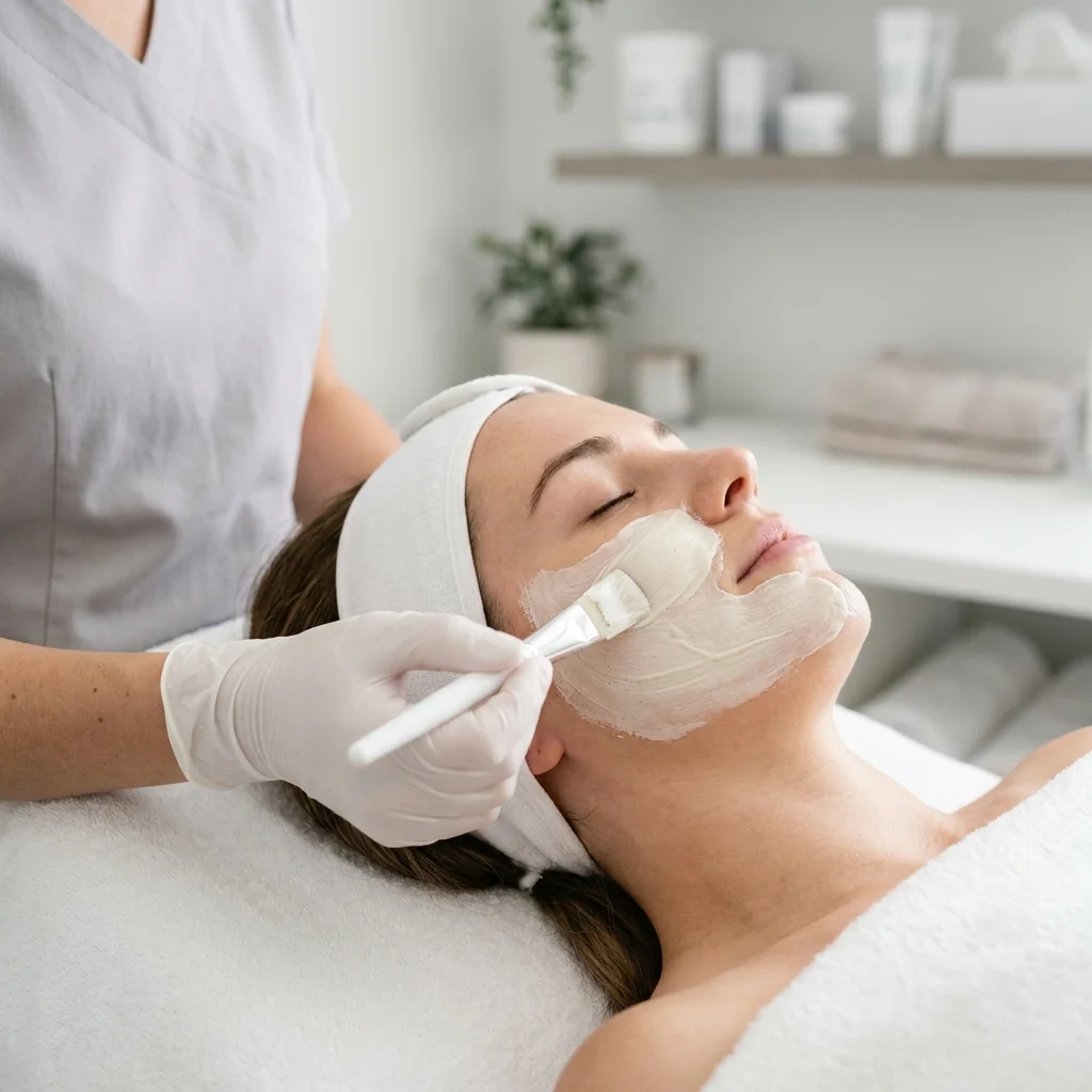 Tay đeo găng dùng cọ đắp mặt nạ kem lên má khách