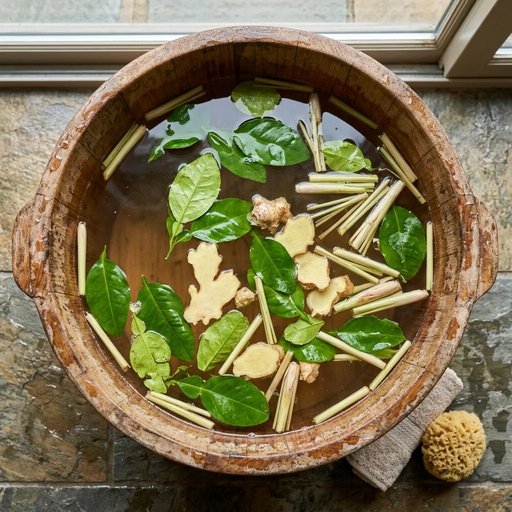 Chậu gỗ ngâm chân với lá bưởi, gừng lát và sả