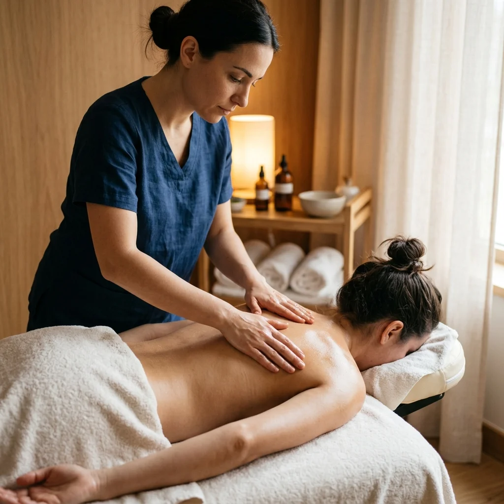 Kỹ thuật viên xoa dầu thảo mộc ấm lên lưng khách