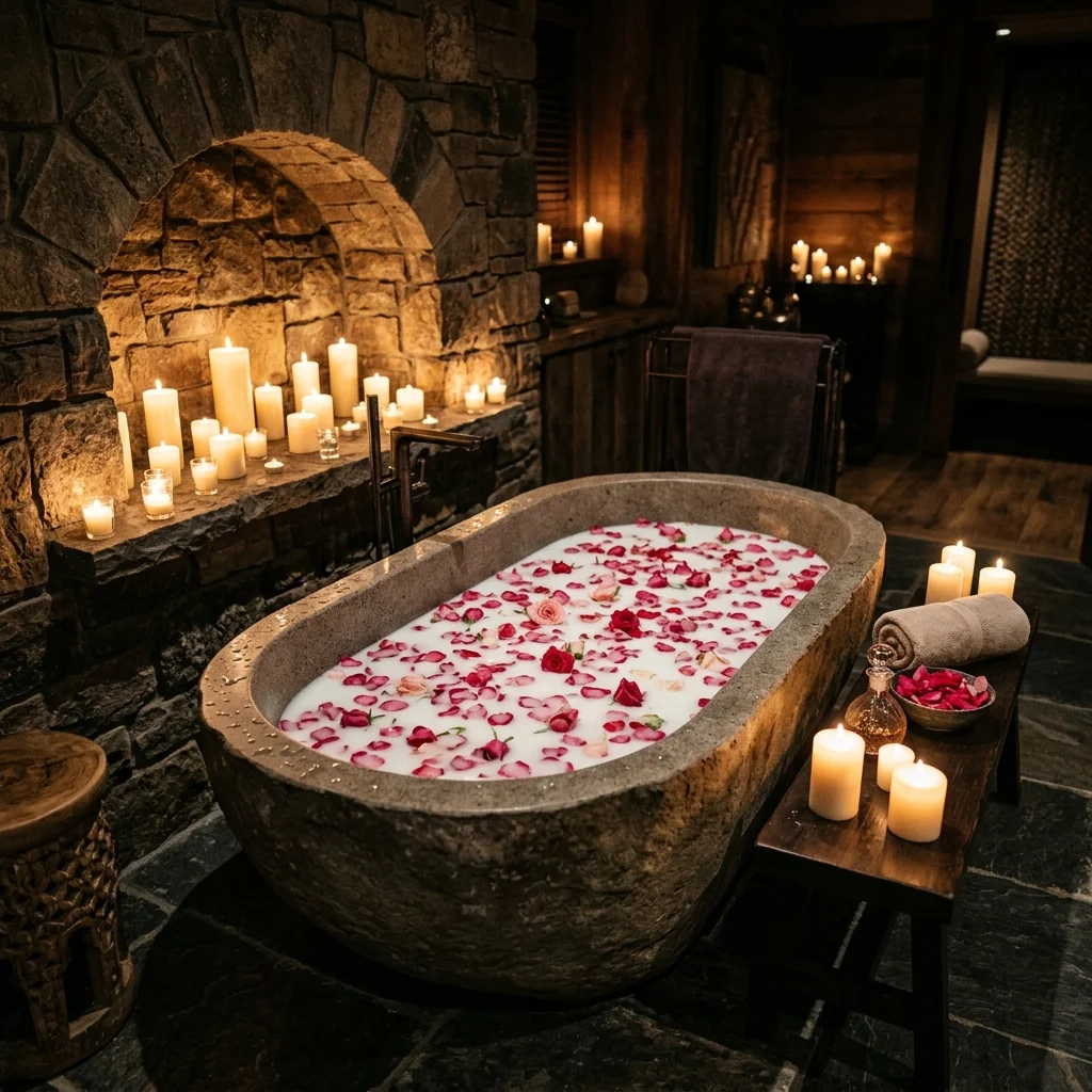 Bồn tắm đá với sữa và cánh hoa hồng trong phòng spa ánh nến