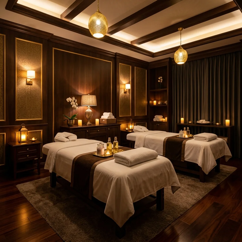Phòng VIP cặp đôi với hai giường massage, gỗ tối màu và chi tiết mạ vàng