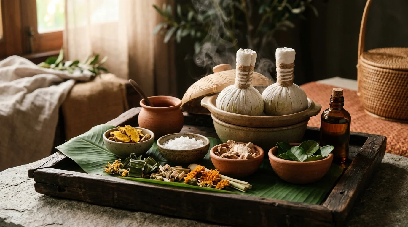 Túi chườm thảo mộc bốc hơi bên chén thảo mộc khô và lá chuối trên khay gỗ