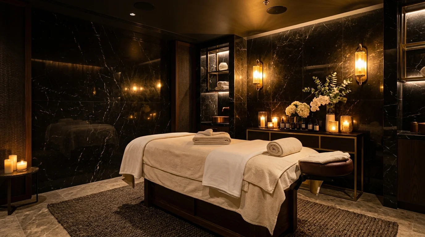 Phòng trị liệu tường đá cẩm thạch đen, giường massage trải khăn kem và nến ấm