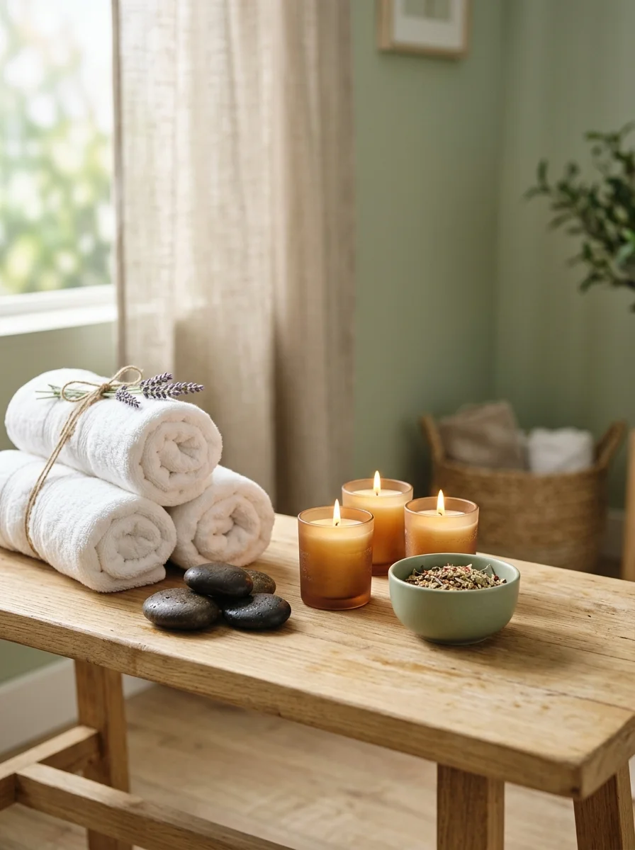 Không gian spa với nến và đá nóng