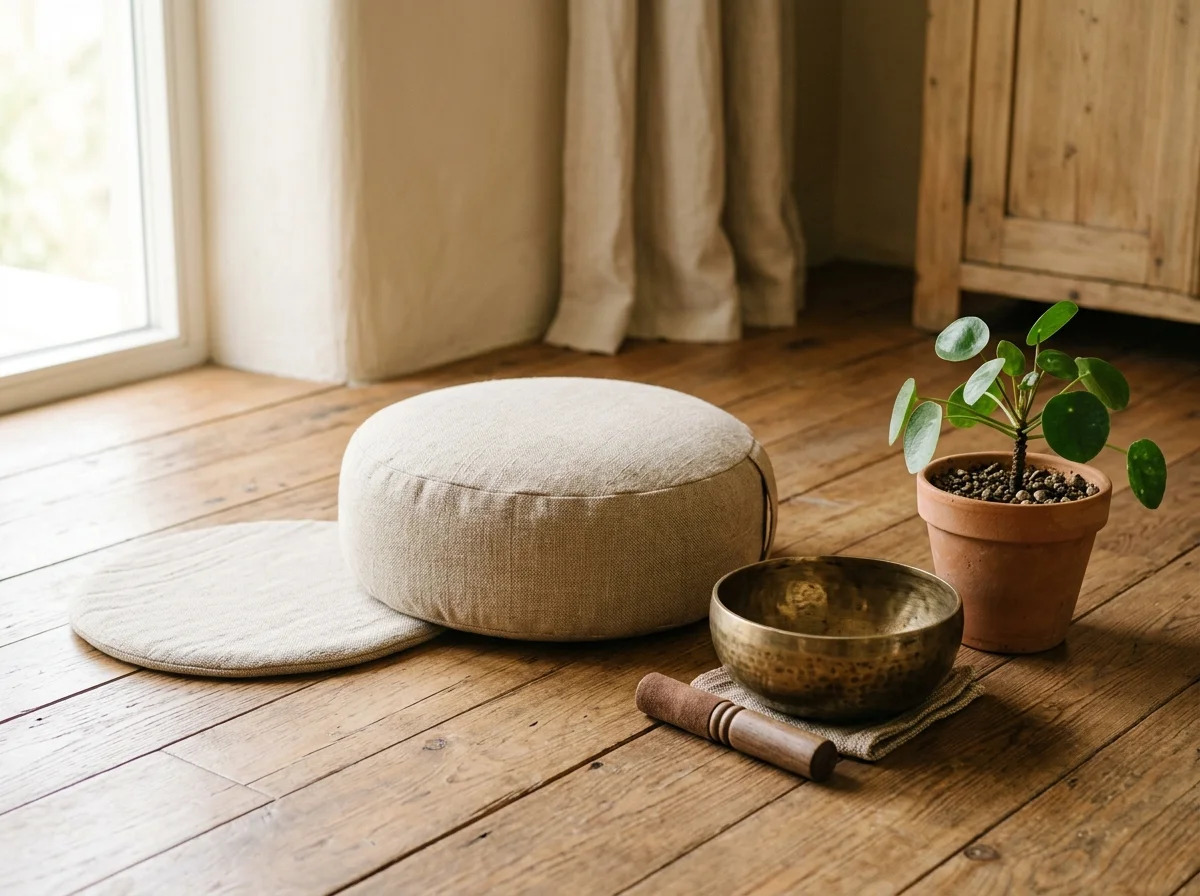 Gối thiền, chuông xoay và chậu cây nhỏ trên sàn gỗ