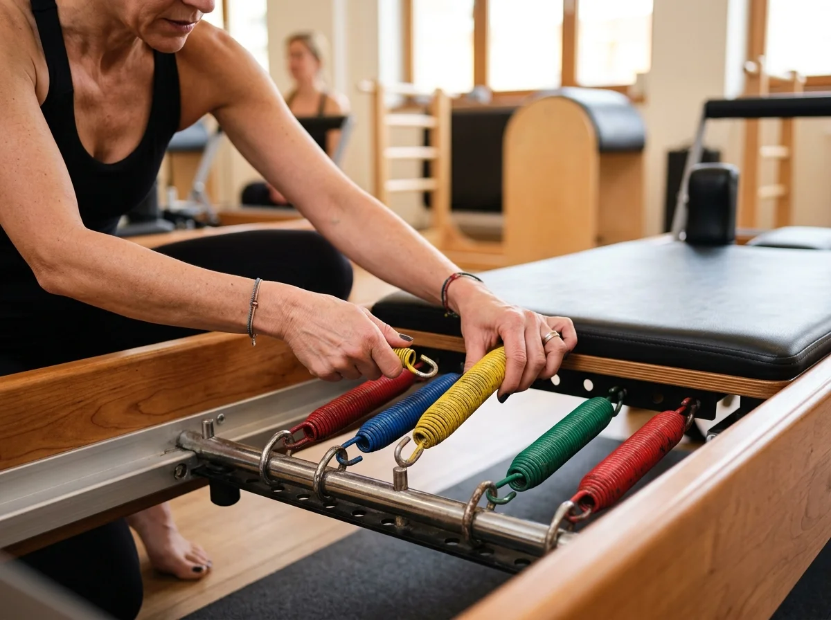 Bàn tay huấn luyện viên chỉnh lò xo trên máy reformer