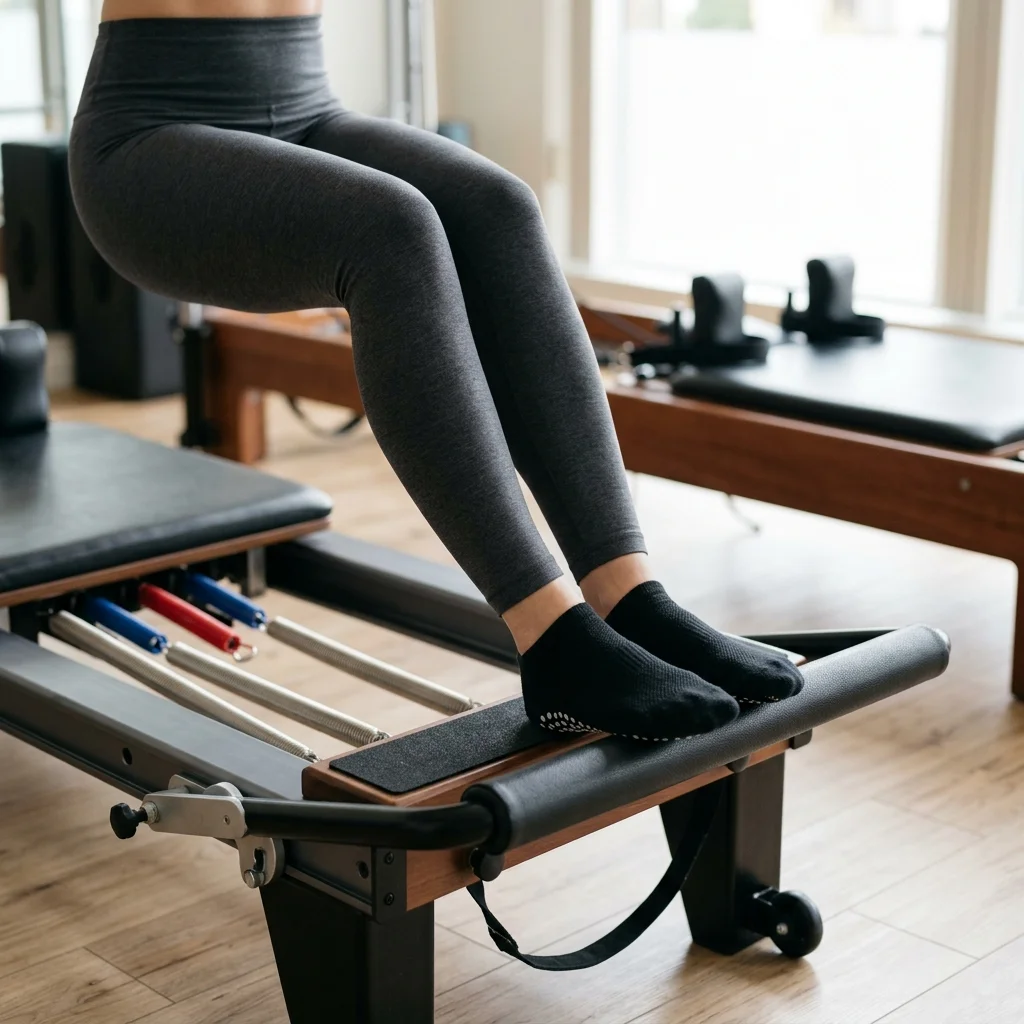 Đôi chân mang tất chống trượt đặt trên thanh để chân của máy reformer