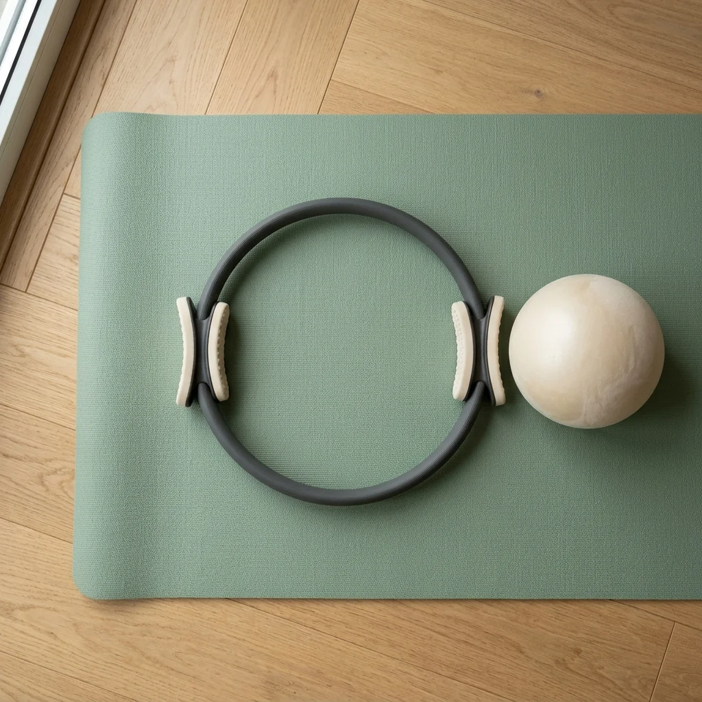 Vòng pilates và bóng nhỏ đặt trên thảm tập tông xanh xô thơm