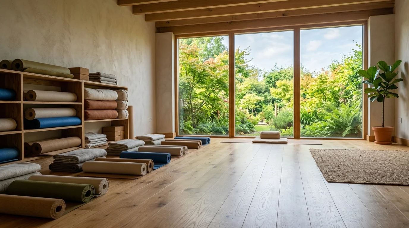 Phòng tập yoga sàn gỗ sáng với thảm cuộn, gối tập và cửa sổ lớn nhìn ra cây xanh
