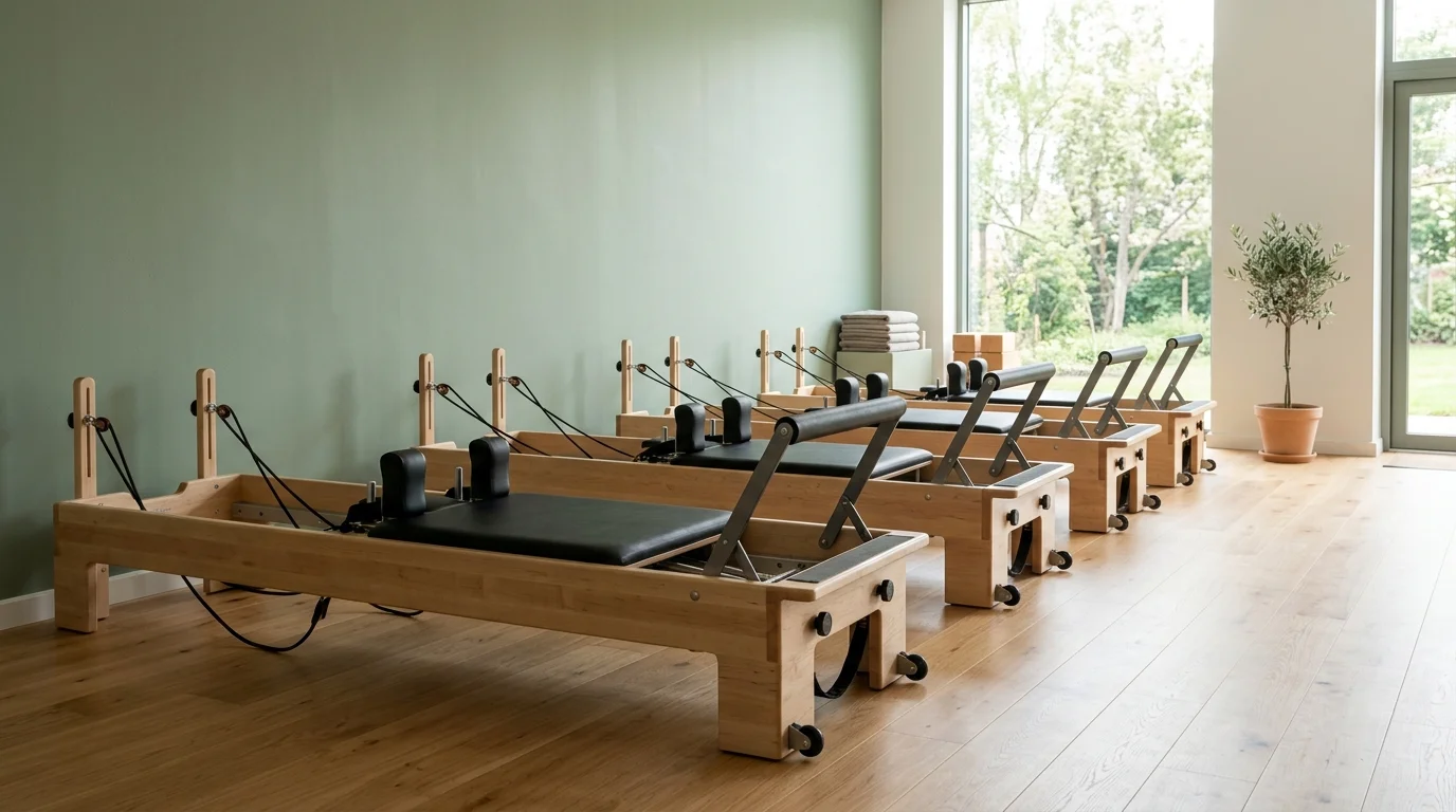 Phòng tập pilates với hàng máy reformer gỗ sáng, tường xanh xô thơm và ánh sáng tự nhiên