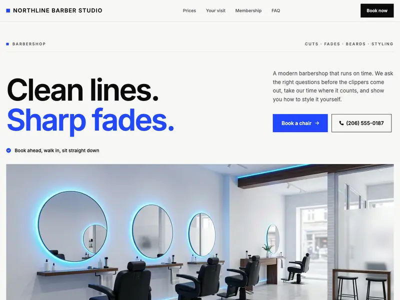 Screenshot of the Sharp Line Barbers template