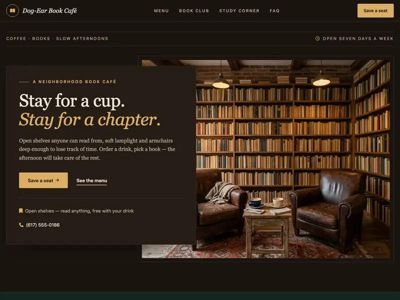 Screenshot of the Book Nook Café template