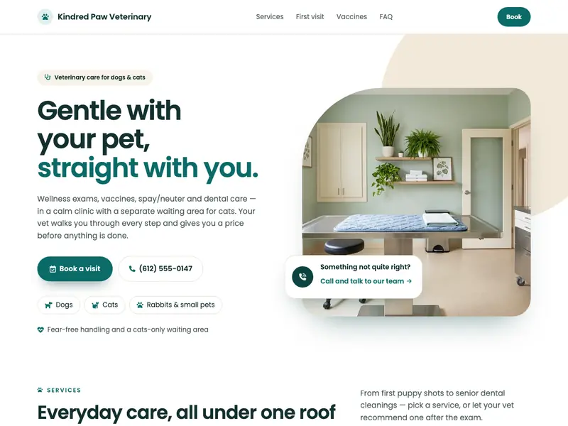 Screenshot of the Paws & Care Vet template