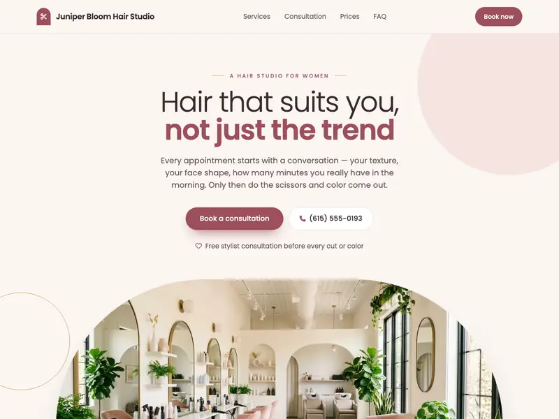 Screenshot of the Bloom Hair Studio template