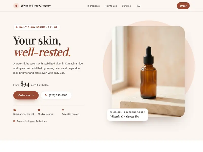 Screenshot of the Glow Serum Launch template